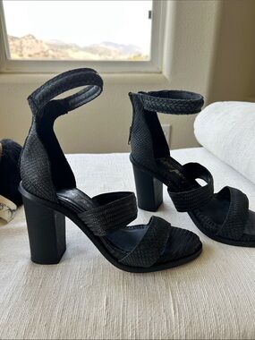 Free People Black Textured Ankle-Strap Block Heel Sandals